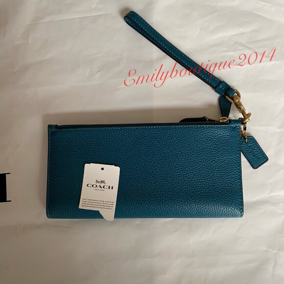 NWT Coach Retail CC553 Double Zip Pebble Leather Deep Turquoide Wallet Wristlet - Picture 4 of 6